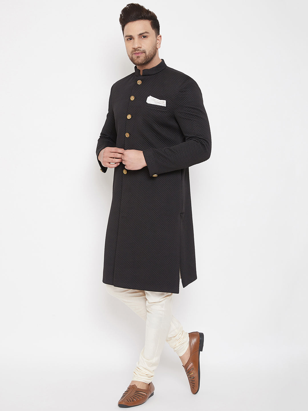 Men's Black Silk Blend Sherwani Set