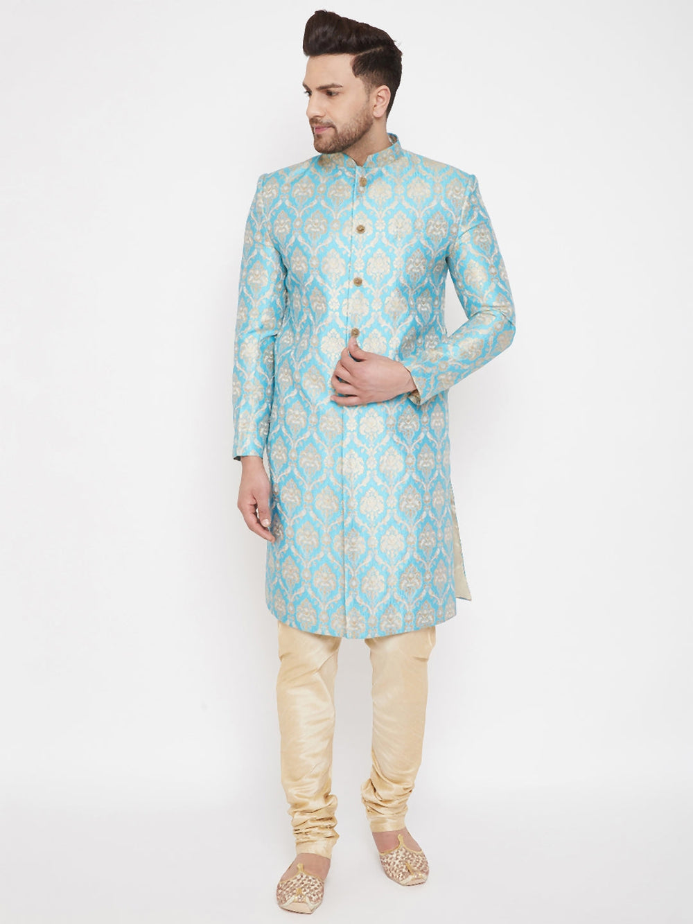 Men's Sea Green And Gold Brocade Jacquard Sherwani Set