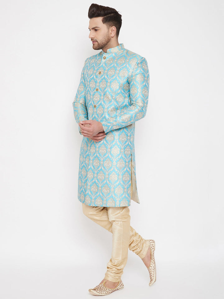 Men's Sea Green And Gold Brocade Jacquard Sherwani Set