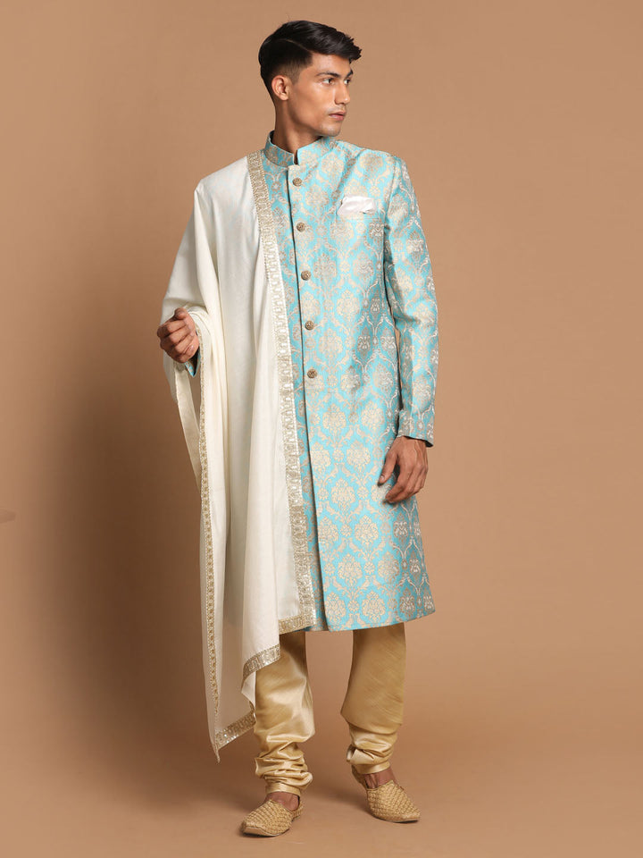 Sea Green And Gold Brocade Jacquard Sherwani Set With Cream Dupatta