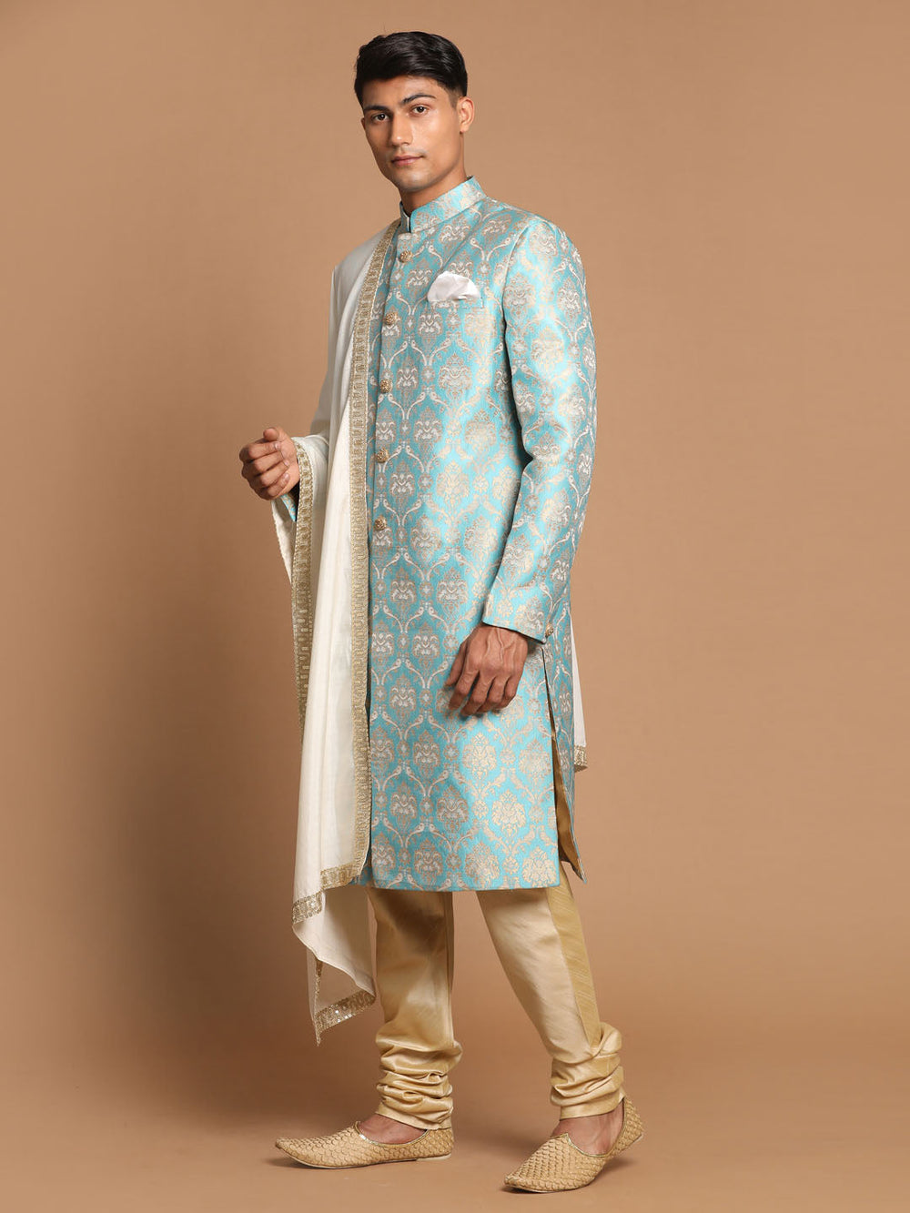 Sea Green And Gold Brocade Jacquard Sherwani Set With Cream Dupatta