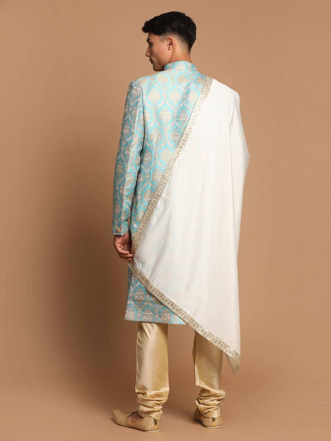 Sea Green And Gold Brocade Jacquard Sherwani Set With Cream Dupatta