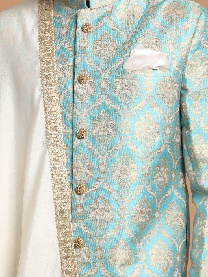 Sea Green And Gold Brocade Jacquard Sherwani Set With Cream Dupatta