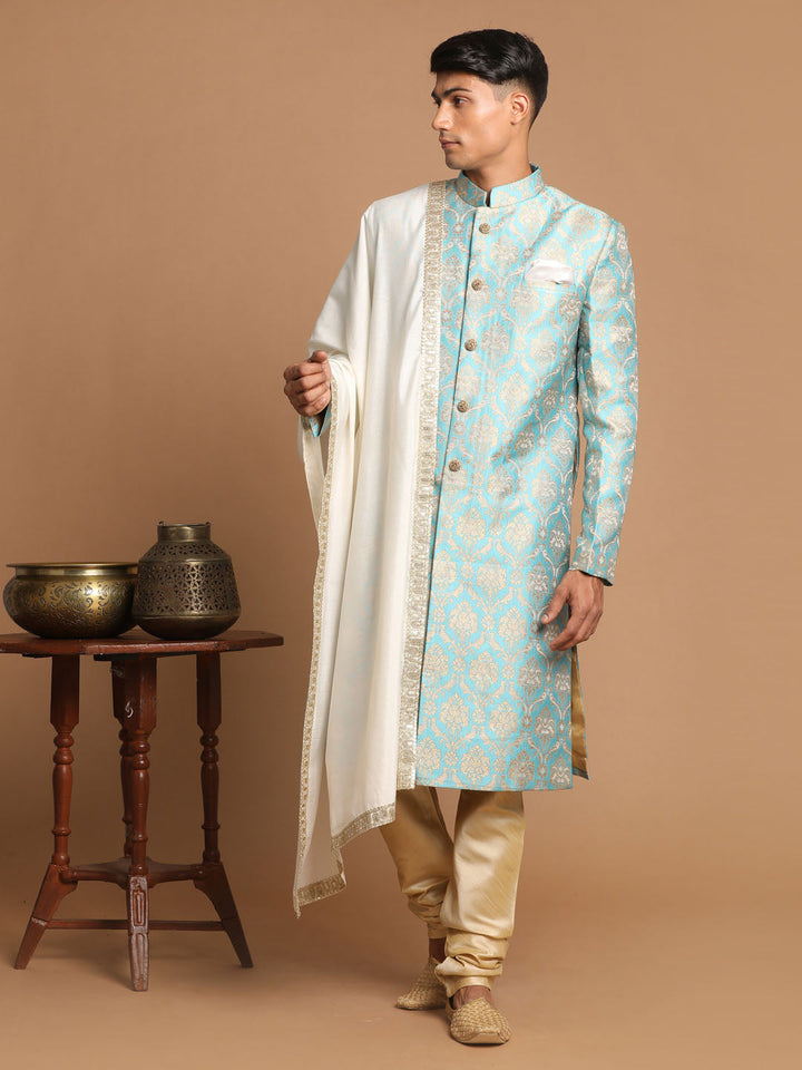 Sea Green And Gold Brocade Jacquard Sherwani Set With Cream Dupatta