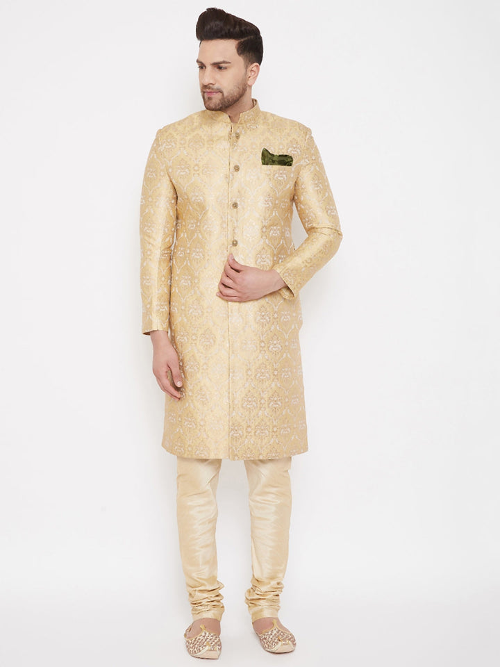 Men's Golden Brocade Slim Fit Sherwani Set