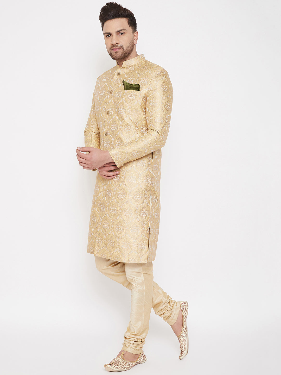 Men's Golden Brocade Slim Fit Sherwani Set