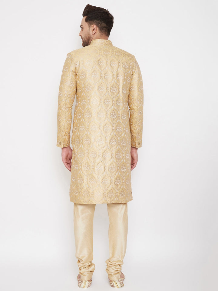 Men's Golden Brocade Slim Fit Sherwani Set