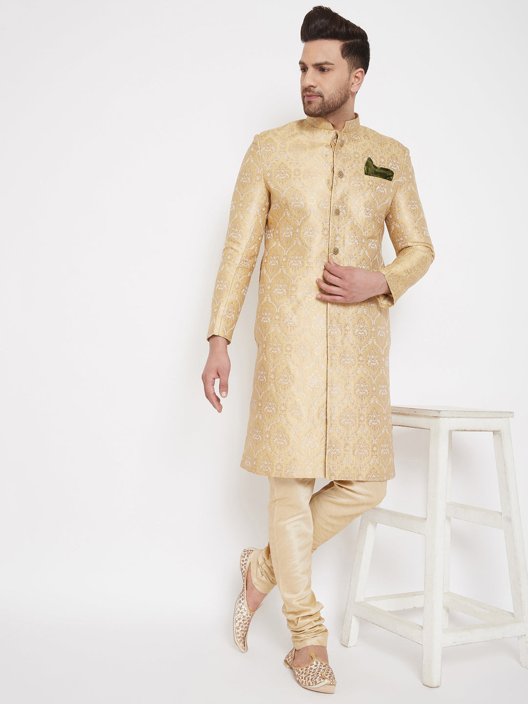 Men's Golden Brocade Slim Fit Sherwani Set