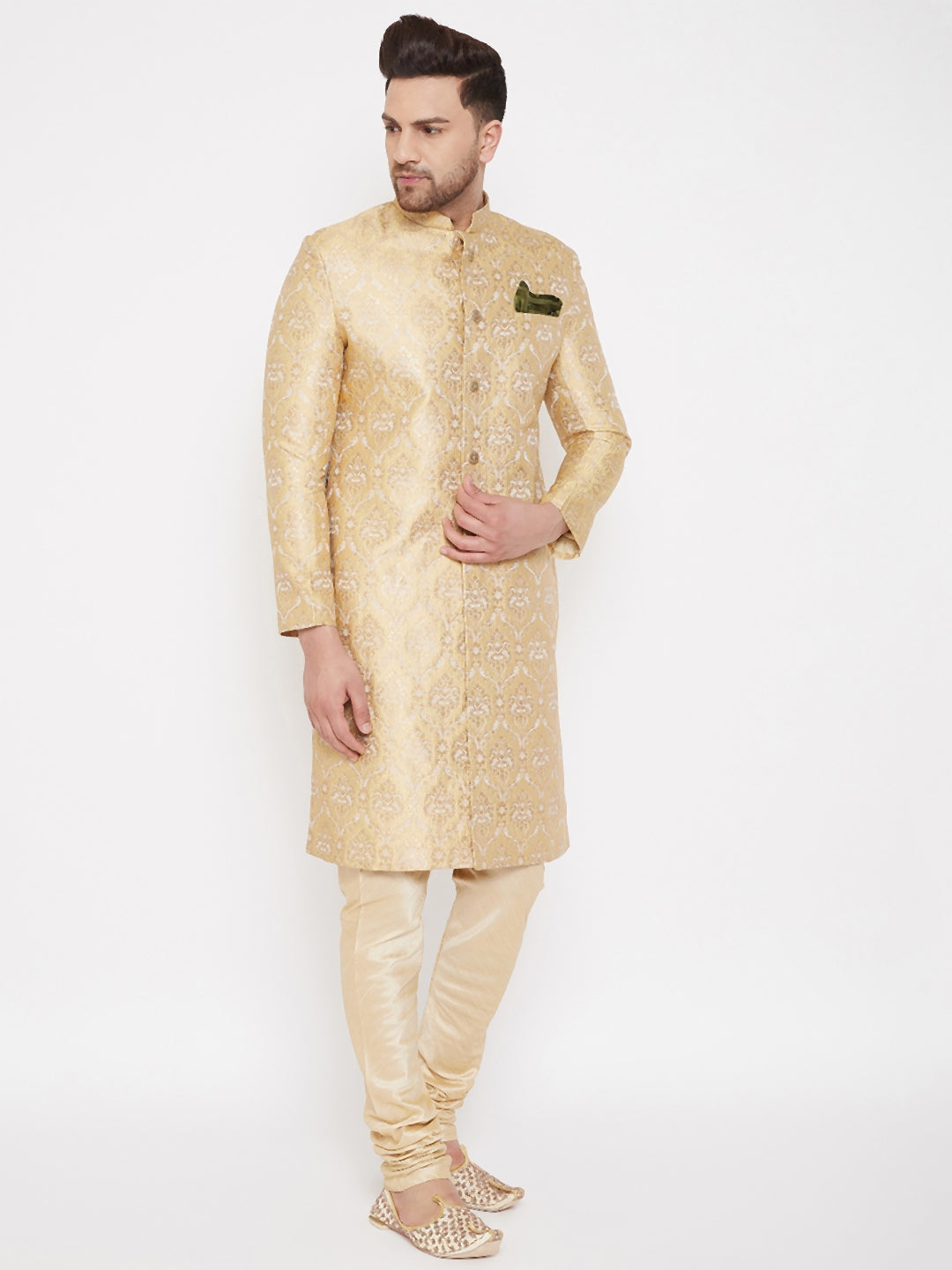 Men's Golden Brocade Slim Fit Sherwani Set