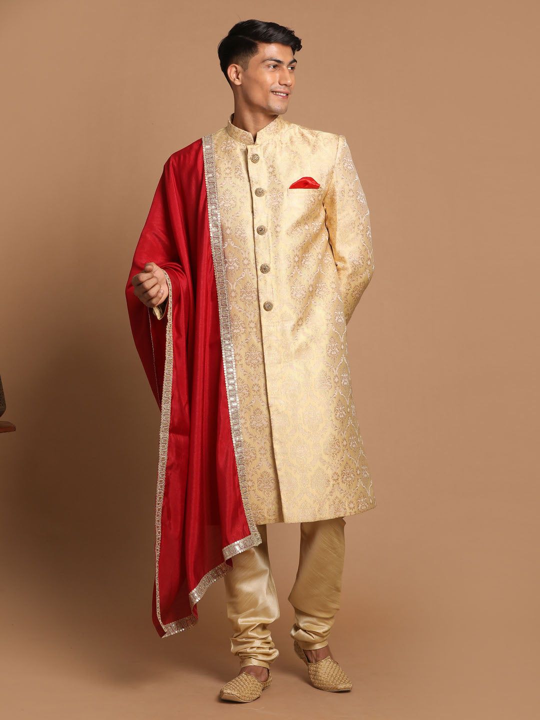 Men's Golden Brocade Slim Fit Sherwani Set With Maroon Dupatta