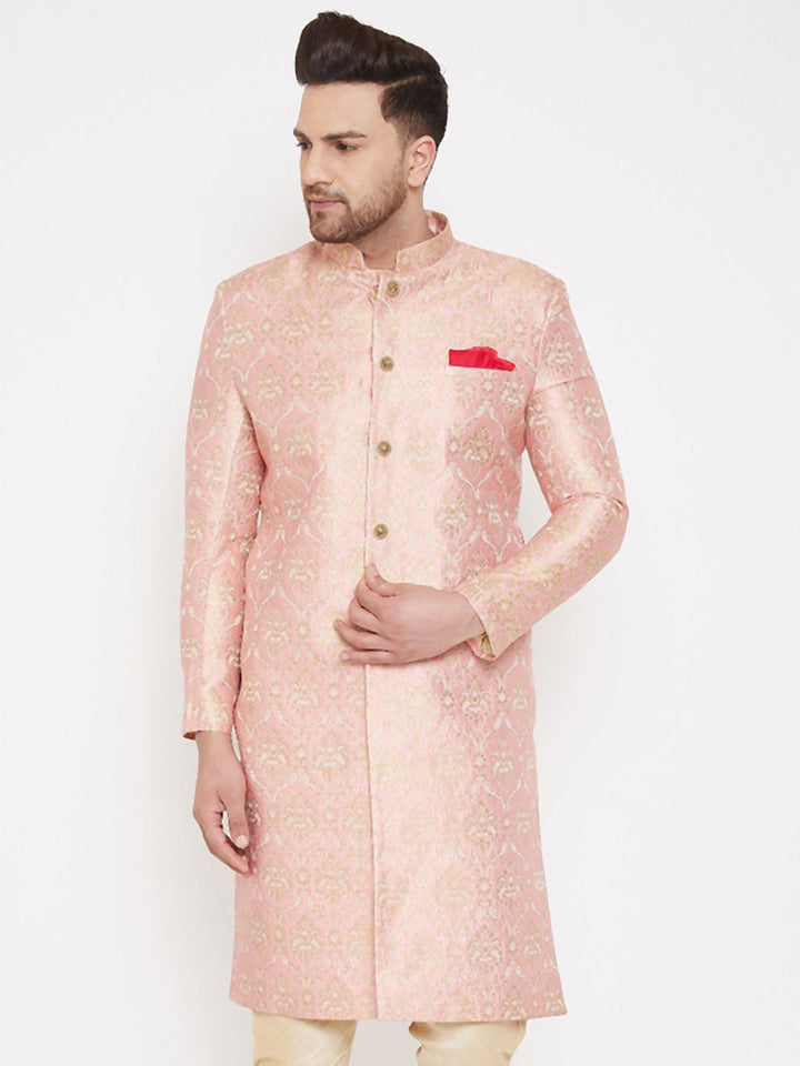 Men's Pink Slim Fit Brocade Woven Design Sherwani Set-Only Top