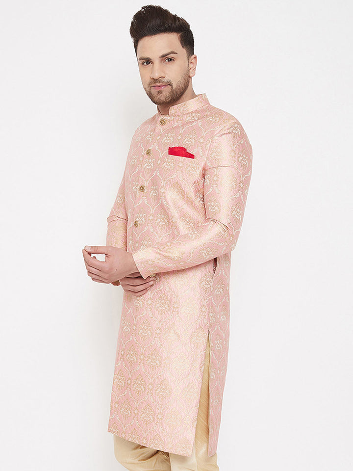 Men's Pink Slim Fit Brocade Woven Design Sherwani Set-Only Top