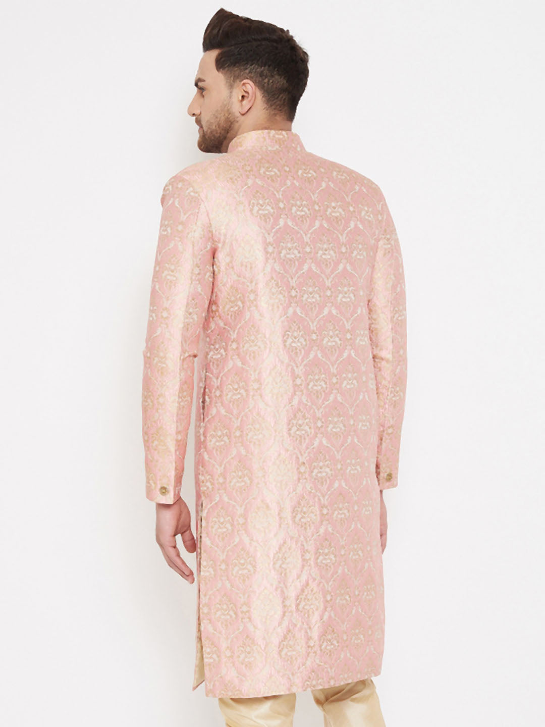 Men's Pink Slim Fit Brocade Woven Design Sherwani Set-Only Top