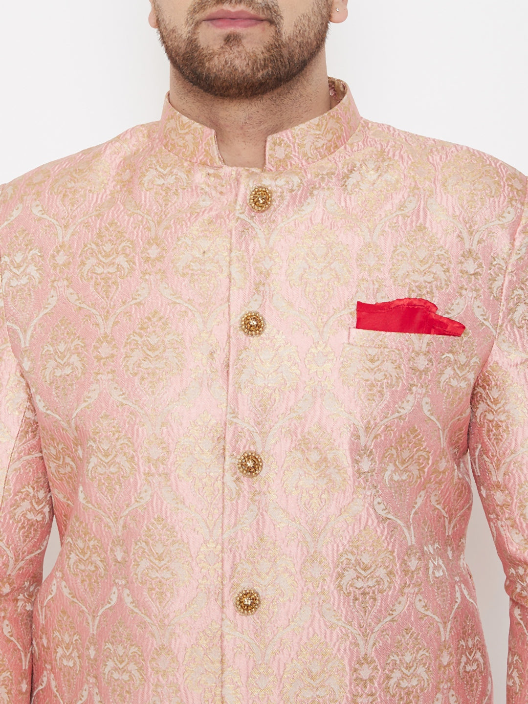 Men's Pink Slim Fit Brocade Woven Design Sherwani Set-Only Top