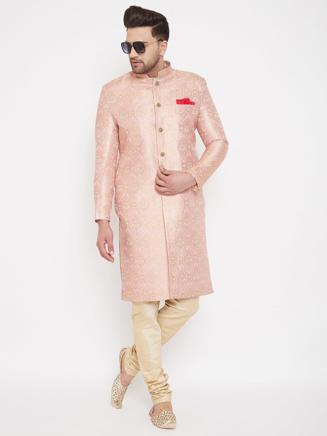 Men's Pink Slim Fit Brocade Woven Design Sherwani Set-Only Top