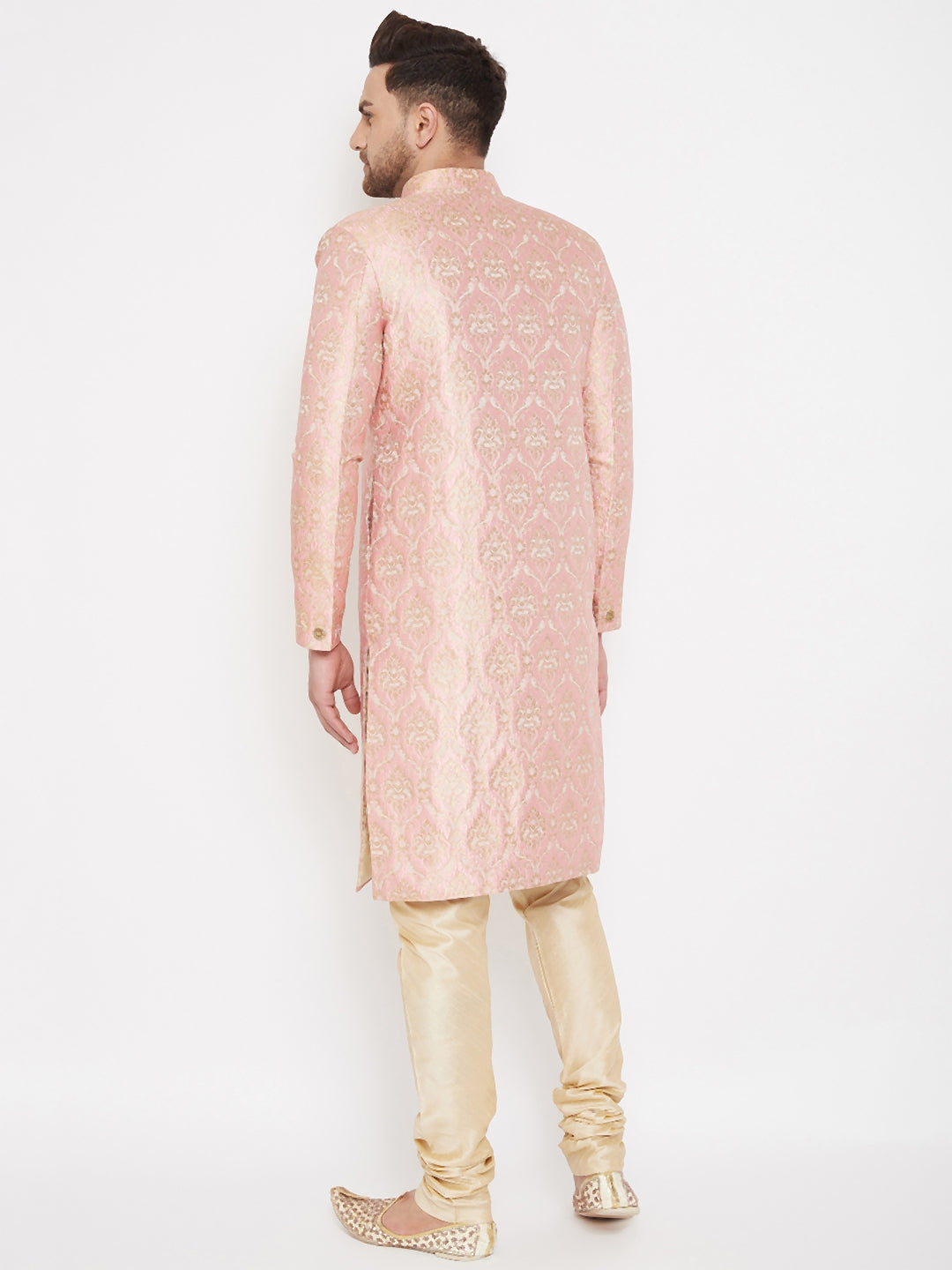 Men's Pink And Gold Silk Blend Sherwani Set