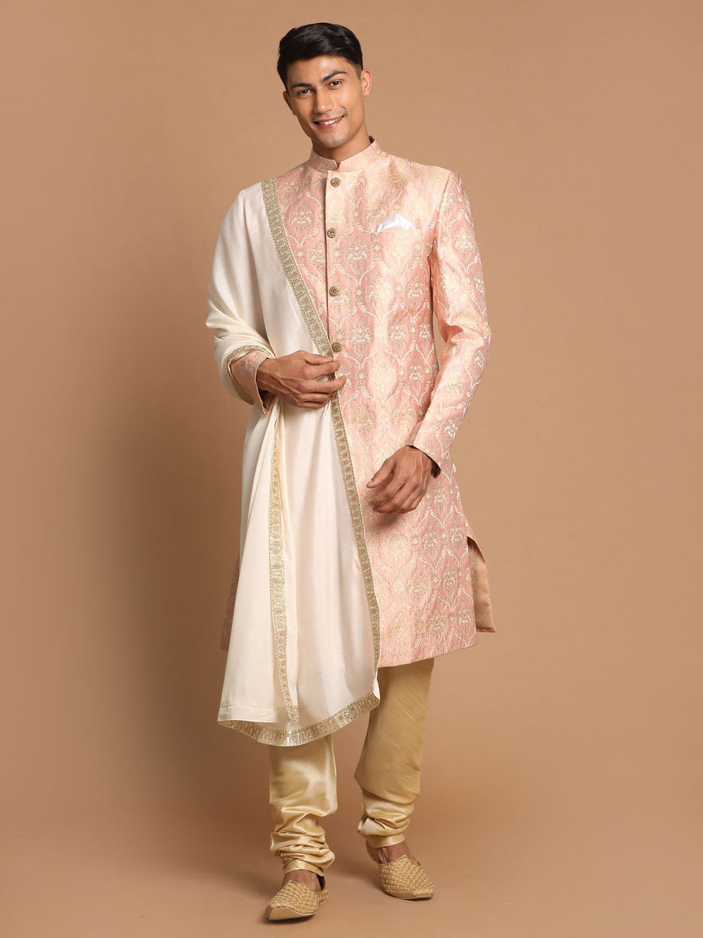 Men's Pink And Gold Silk Blend Sherwani Set With Cream Colour Dupatta