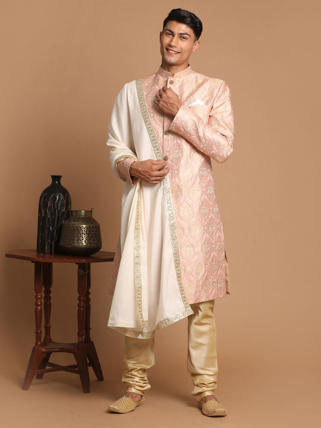 Men's Pink And Gold Silk Blend Sherwani Set With Cream Colour Dupatta