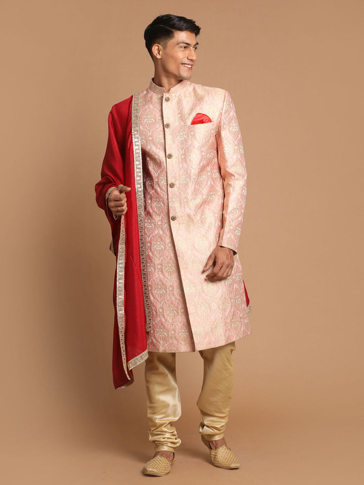 Men's Pink And Gold Silk Blend Sherwani Set With Maroon Dupatta