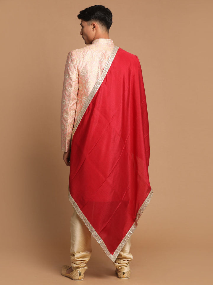 Men's Pink And Gold Silk Blend Sherwani Set With Maroon Dupatta