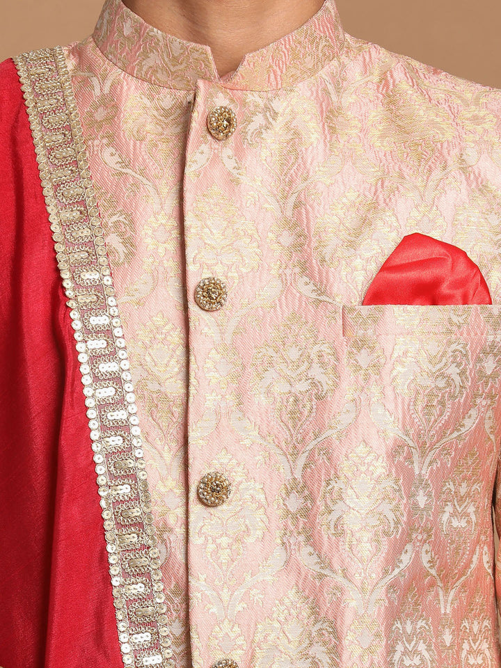 Men's Pink And Gold Silk Blend Sherwani Set With Maroon Dupatta