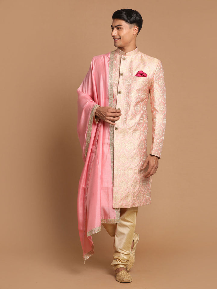 Men's Pink And Gold Silk Blend Sherwani Set With Pink Dupatta