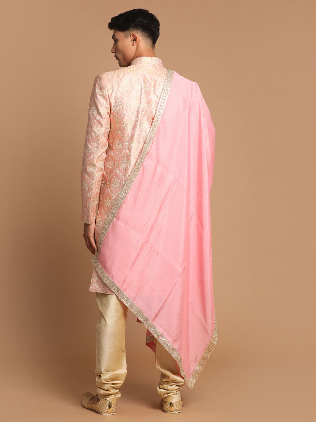 Men's Pink And Gold Silk Blend Sherwani Set With Pink Dupatta