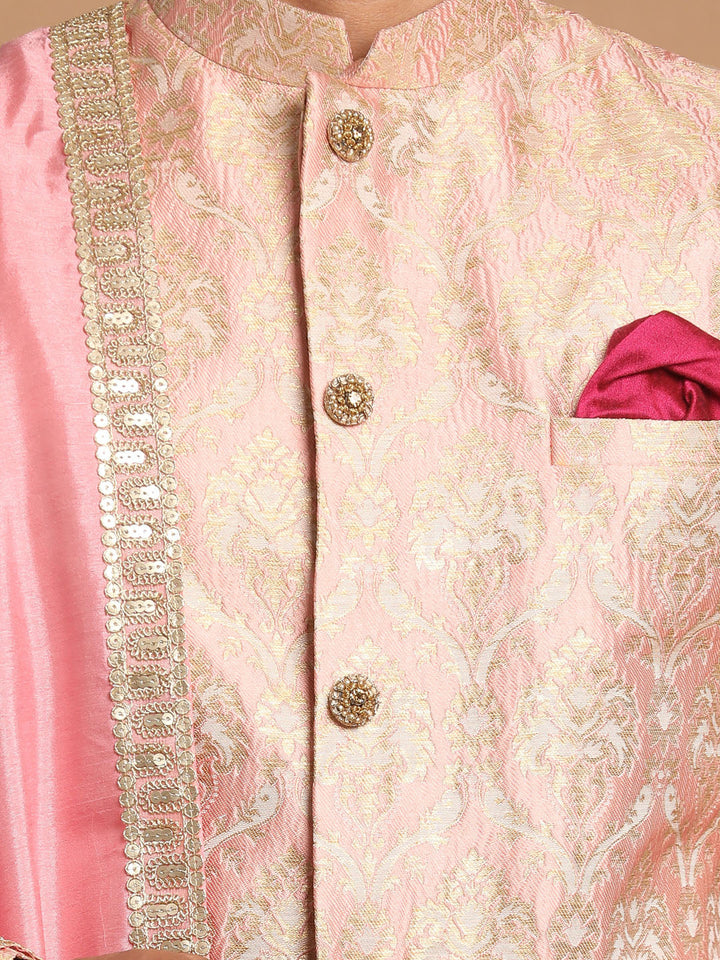 Men's Pink And Gold Silk Blend Sherwani Set With Pink Dupatta