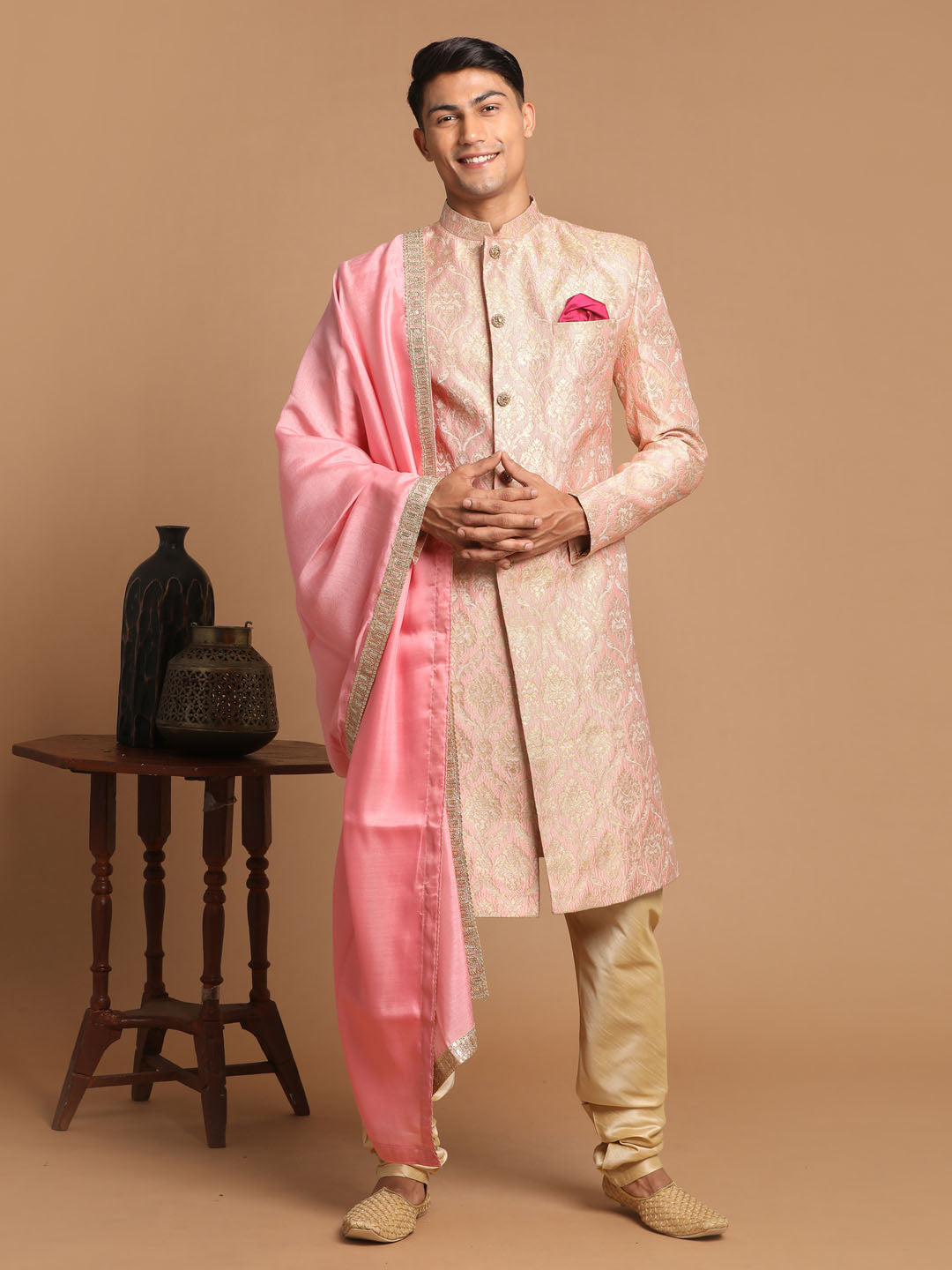 Men's Pink And Gold Silk Blend Sherwani Set With Pink Dupatta