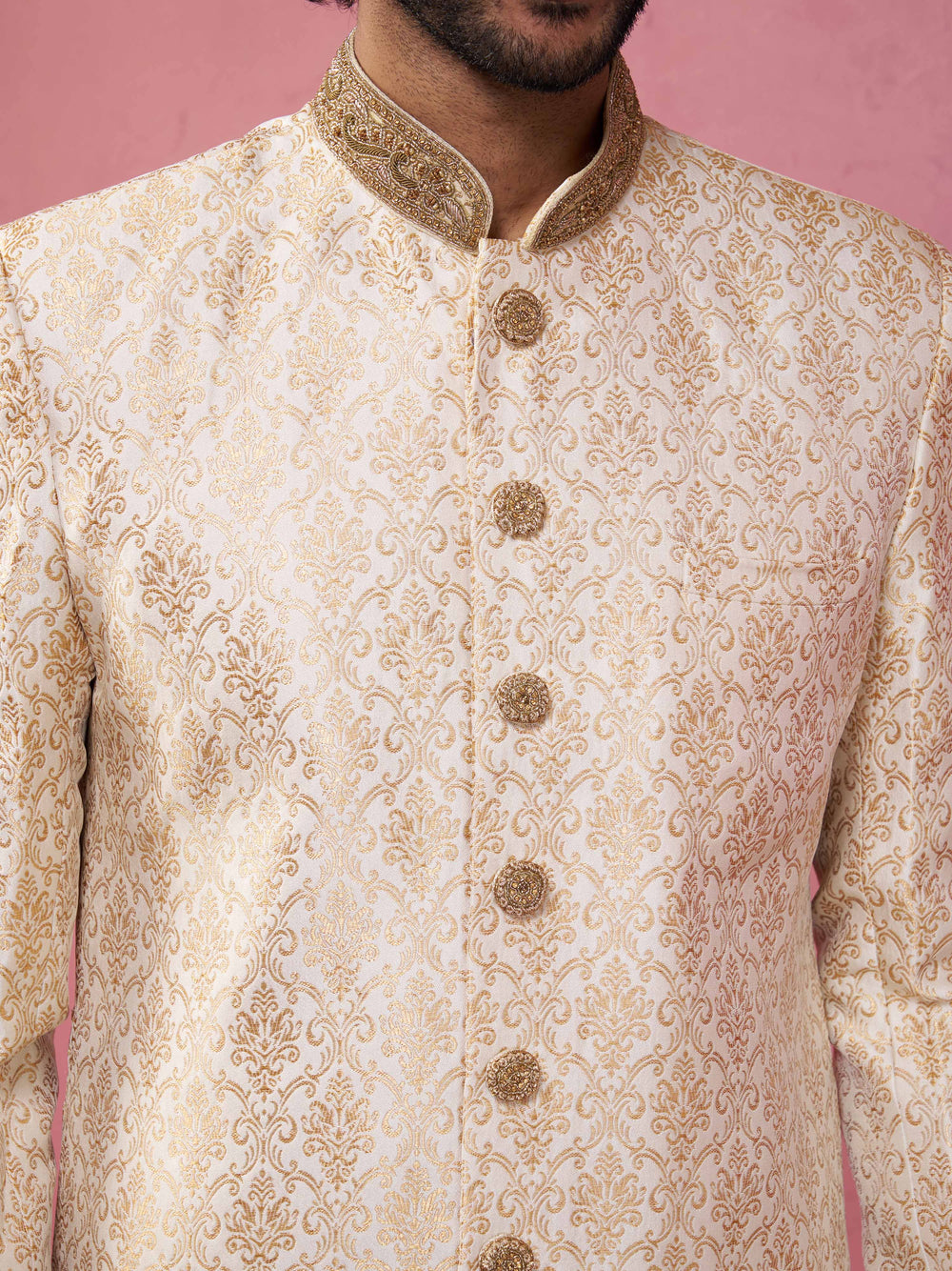 Men's Beige Silk Blend Sherwani Set with Cream Pyjama
