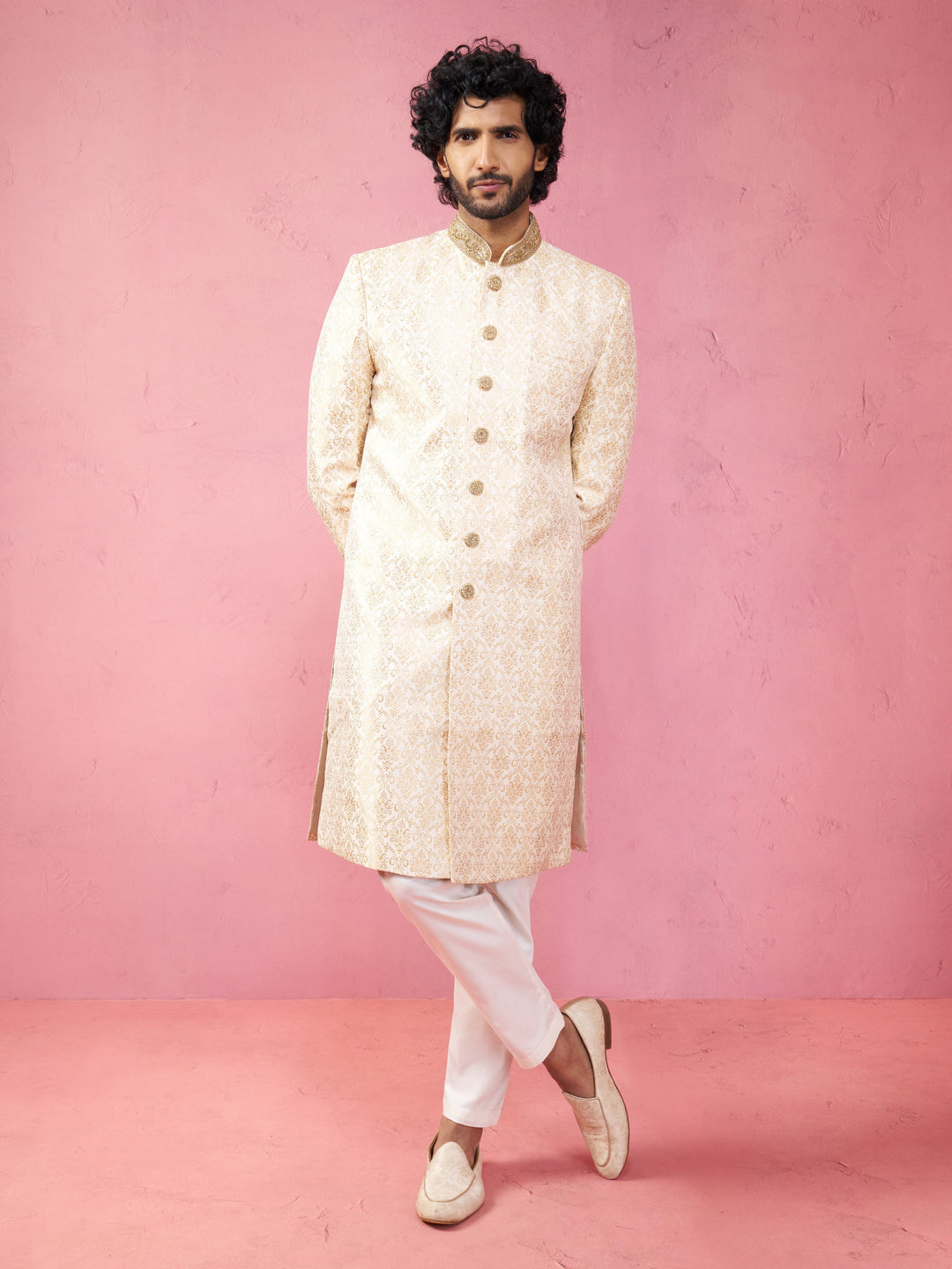 Men's Beige Silk Blend Sherwani Set with Cream Pyjama