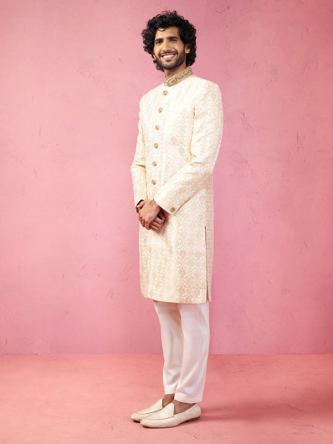 Men's Beige Silk Blend Sherwani Set with Cream Pyjama