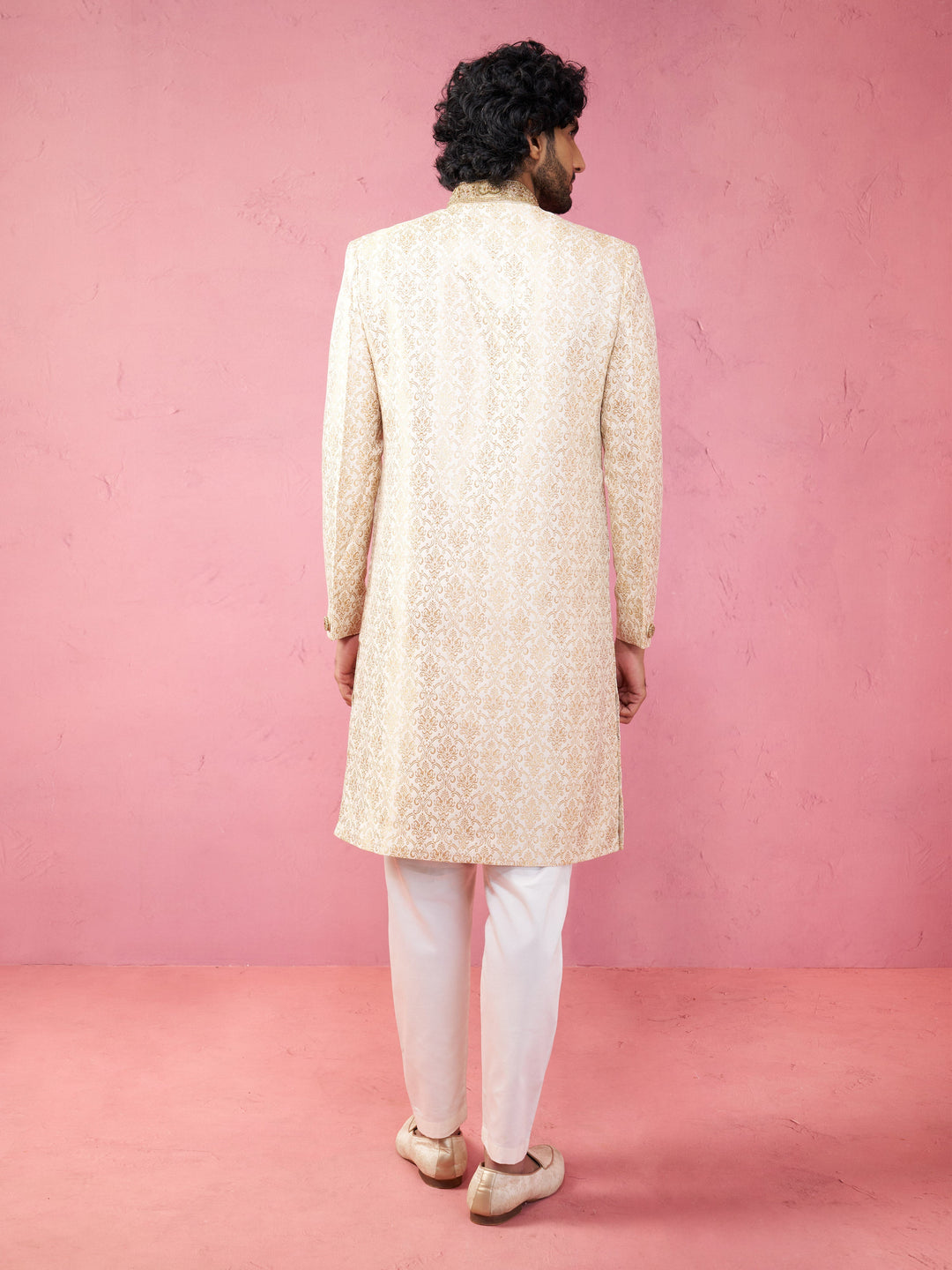 Men's Beige Silk Blend Sherwani Set with Cream Pyjama