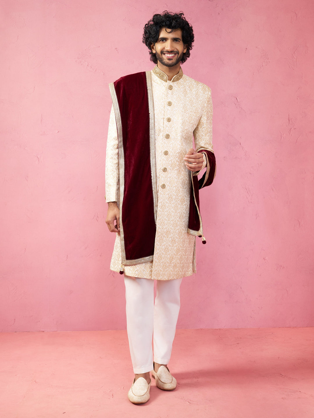 Men's Beige Silk Sherwani Set with Pyjama & Velvet Dupatta
