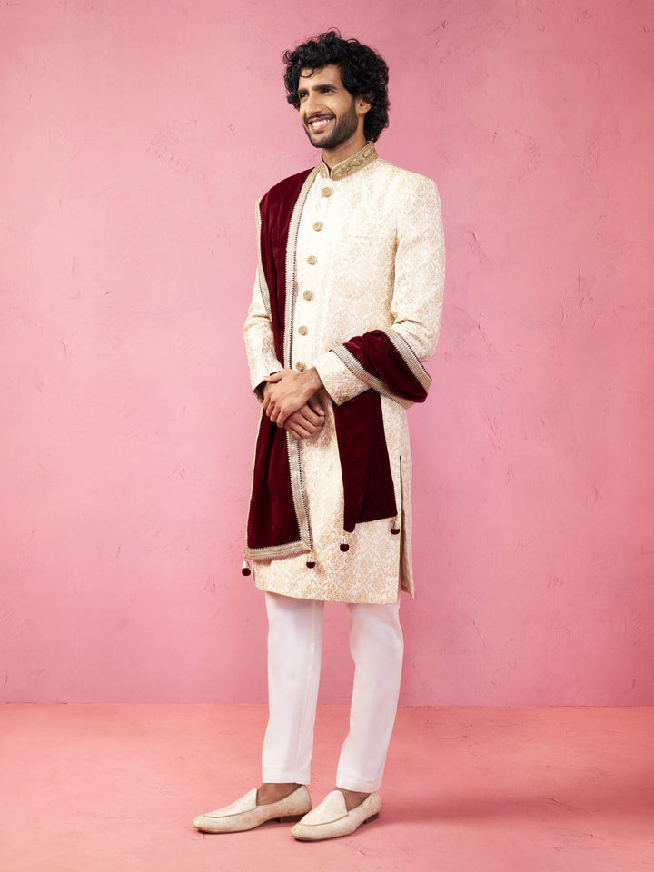 Men's Beige Silk Sherwani Set with Pyjama & Velvet Dupatta