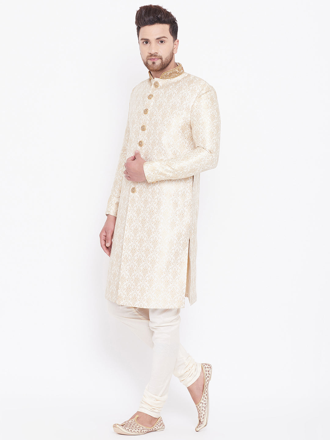 Men's Beige And Gold Embroidered Brocade Sherwani Set