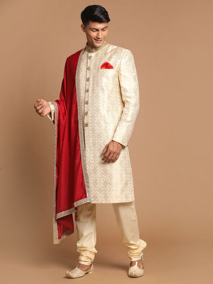 Men's Beige And Gold Embroidered Brocade Sherwani Set With Maroon Dupatta