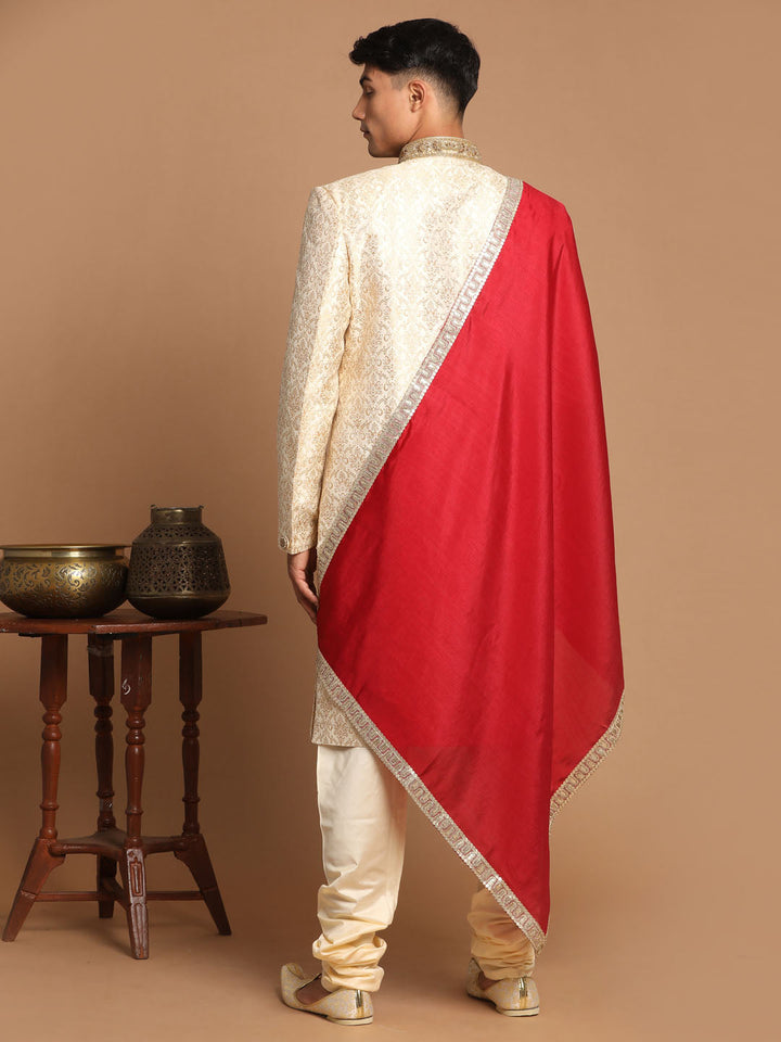 Men's Beige And Gold Embroidered Brocade Sherwani Set With Maroon Dupatta