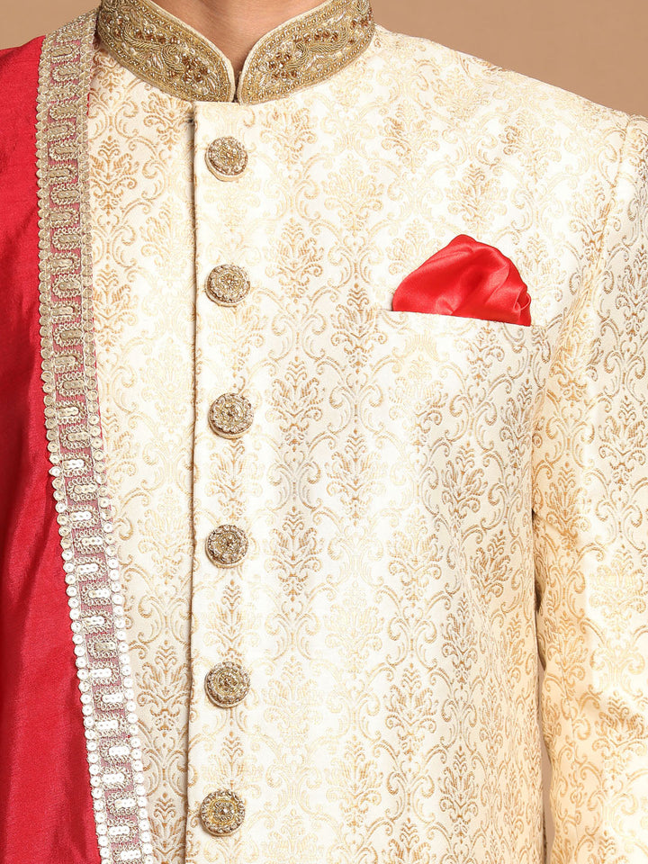 Men's Beige And Gold Embroidered Brocade Sherwani Set With Maroon Dupatta