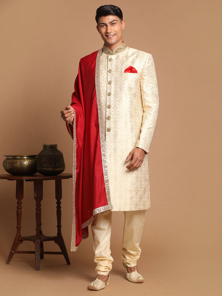 Men's Beige And Gold Embroidered Brocade Sherwani Set With Maroon Dupatta