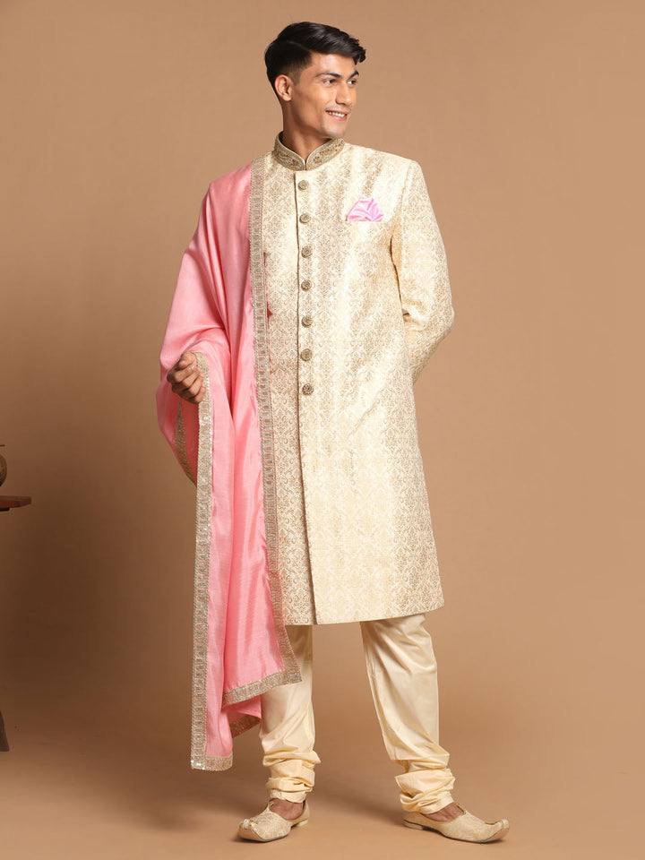 Men's Beige And Gold Embroidered Brocade Sherwani Set With Pink Dupatta