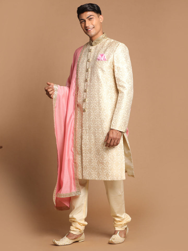 Men's Beige And Gold Embroidered Brocade Sherwani Set With Pink Dupatta