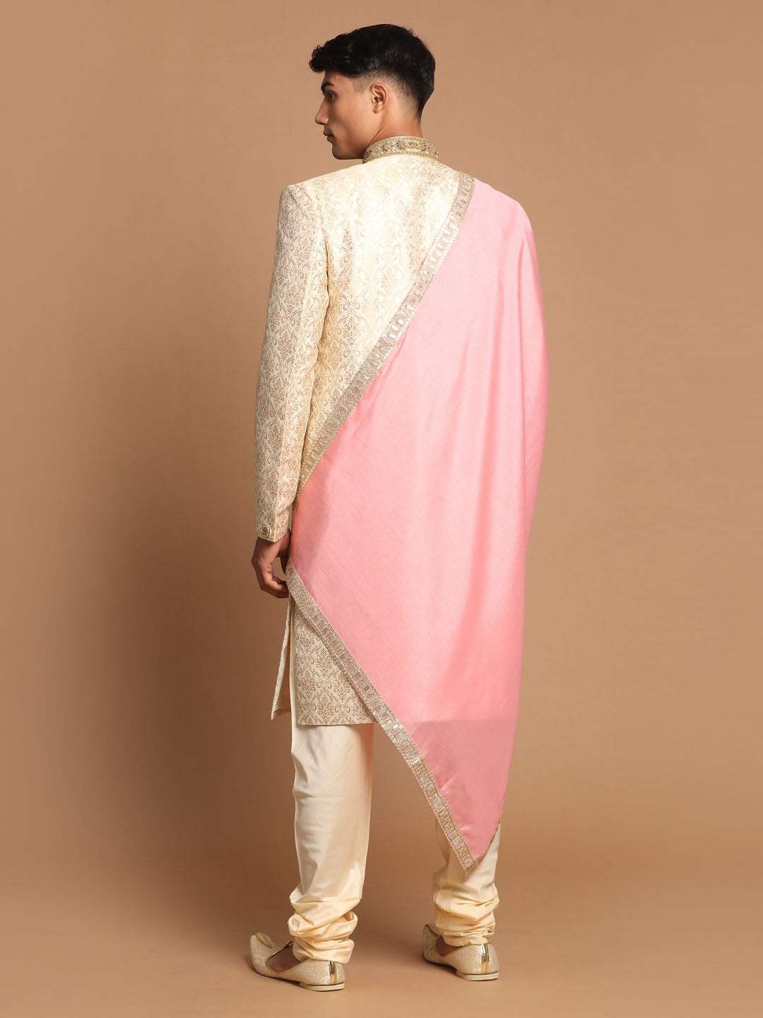 Men's Beige And Gold Embroidered Brocade Sherwani Set With Pink Dupatta