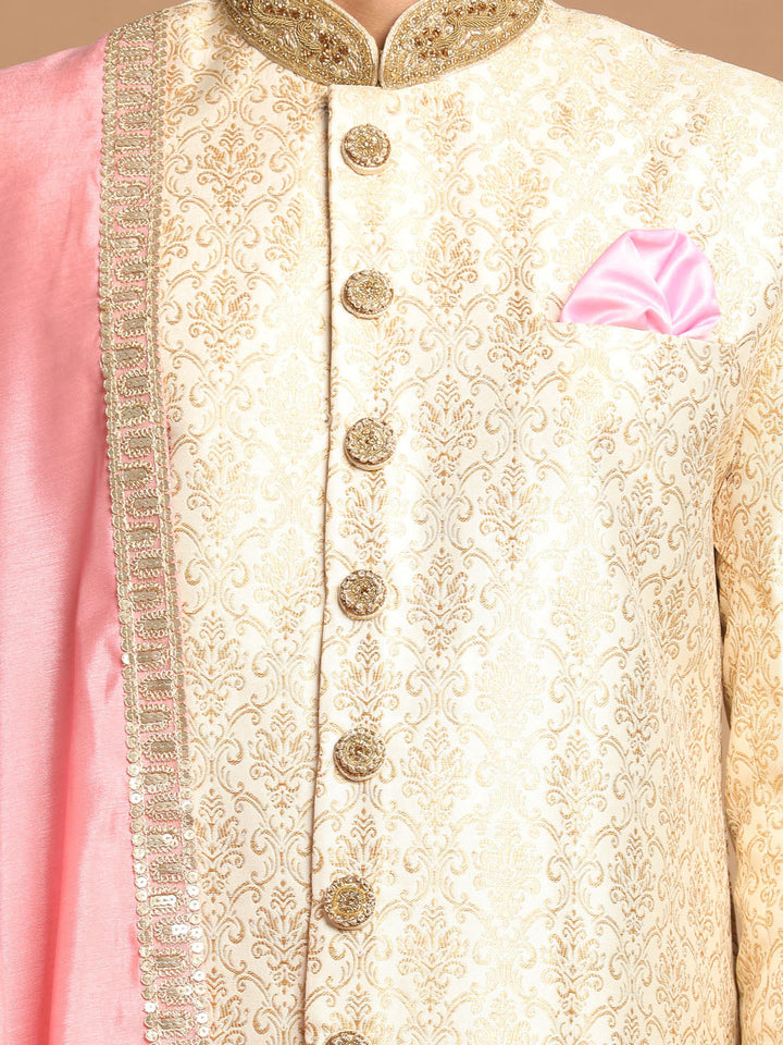 Men's Beige And Gold Embroidered Brocade Sherwani Set With Pink Dupatta