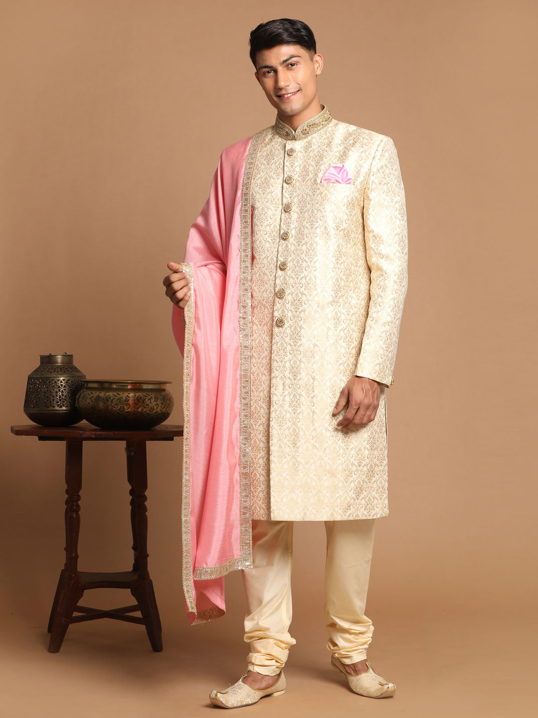 Men's Beige And Gold Embroidered Brocade Sherwani Set With Pink Dupatta