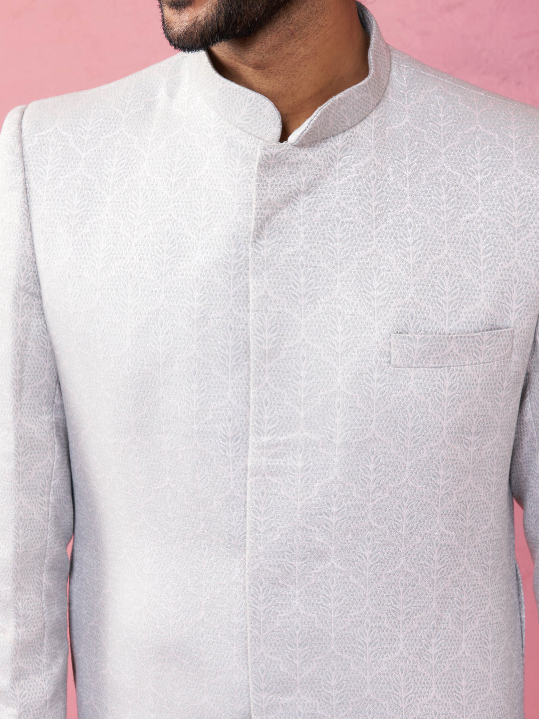 Men's Grey Silk Blend Sherwani Set with Cream Pyjama - view 2