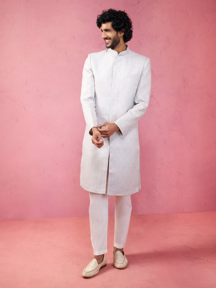 Men's Grey Silk Blend Sherwani Set with Cream Pyjama - view 3
