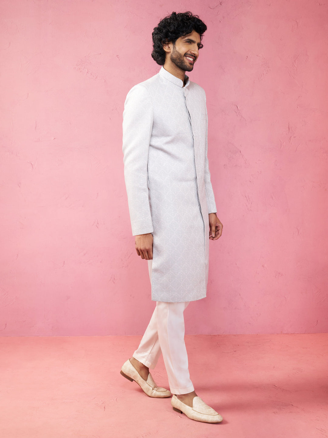Men's Grey Silk Blend Sherwani Set with Cream Pyjama - view 4