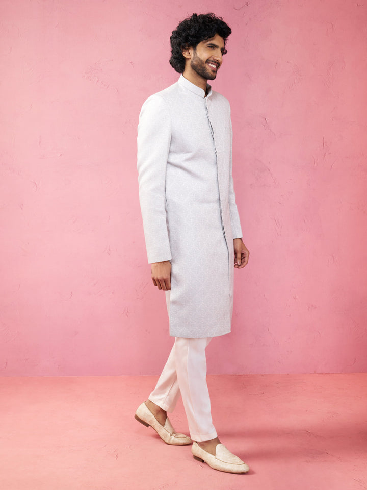 Men's Grey Silk Blend Sherwani Set with Cream Pyjama - view 4