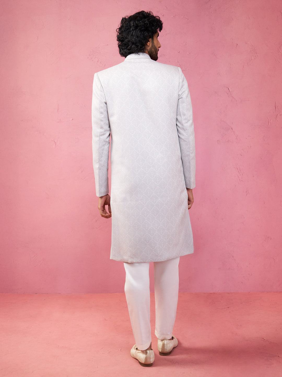 Men's Grey Silk Blend Sherwani Set with Cream Pyjama - view 5